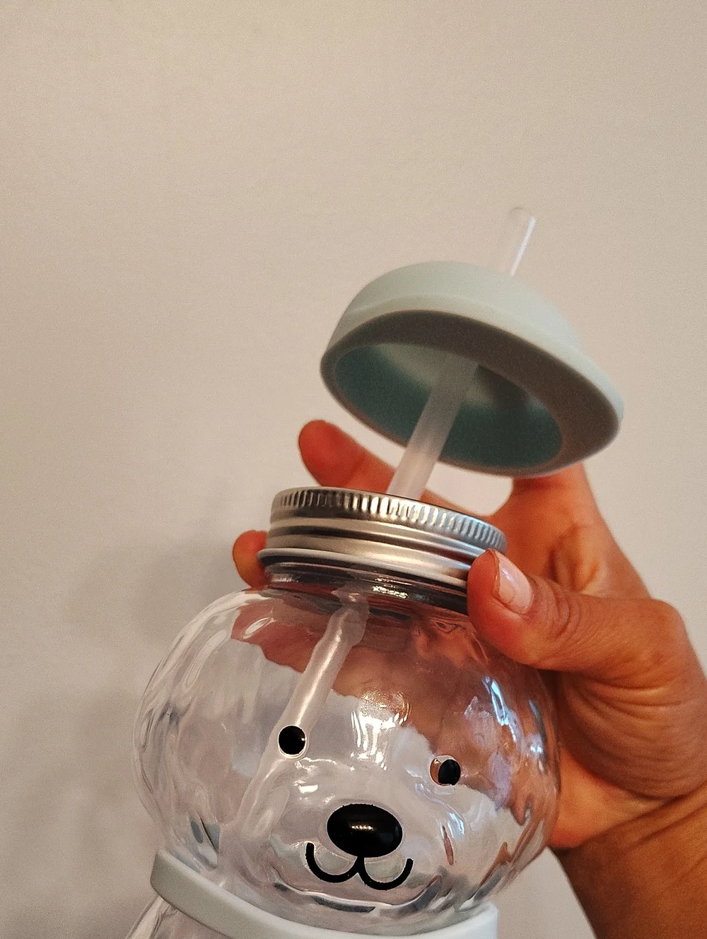 Cute Bear Shaped Clear Drink Cup with Light Blue Lid & Collar